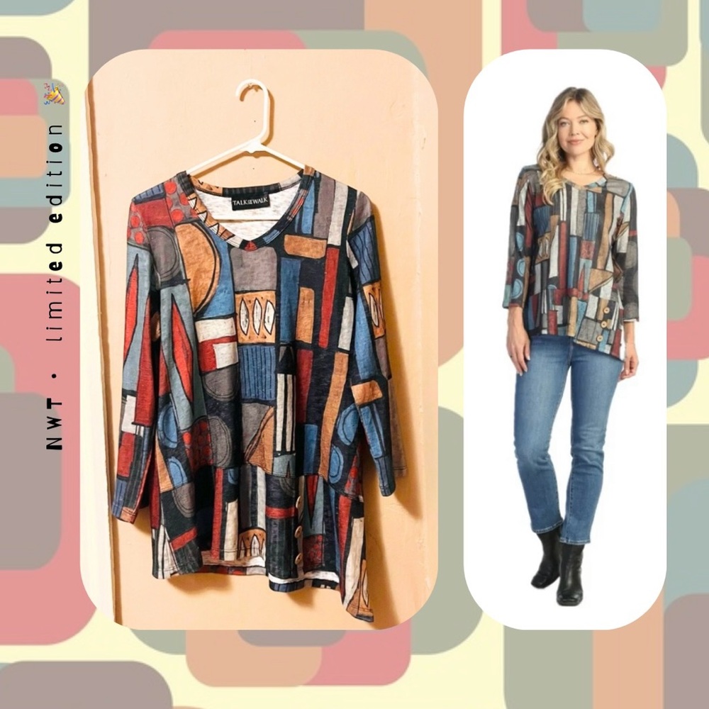 π jess & jane β’ abstract geometric print button patchwork tunic top